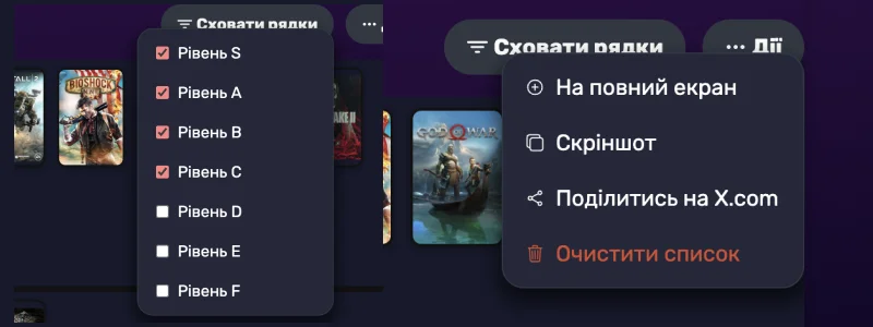 Доступні дії в тір лістах на WTG